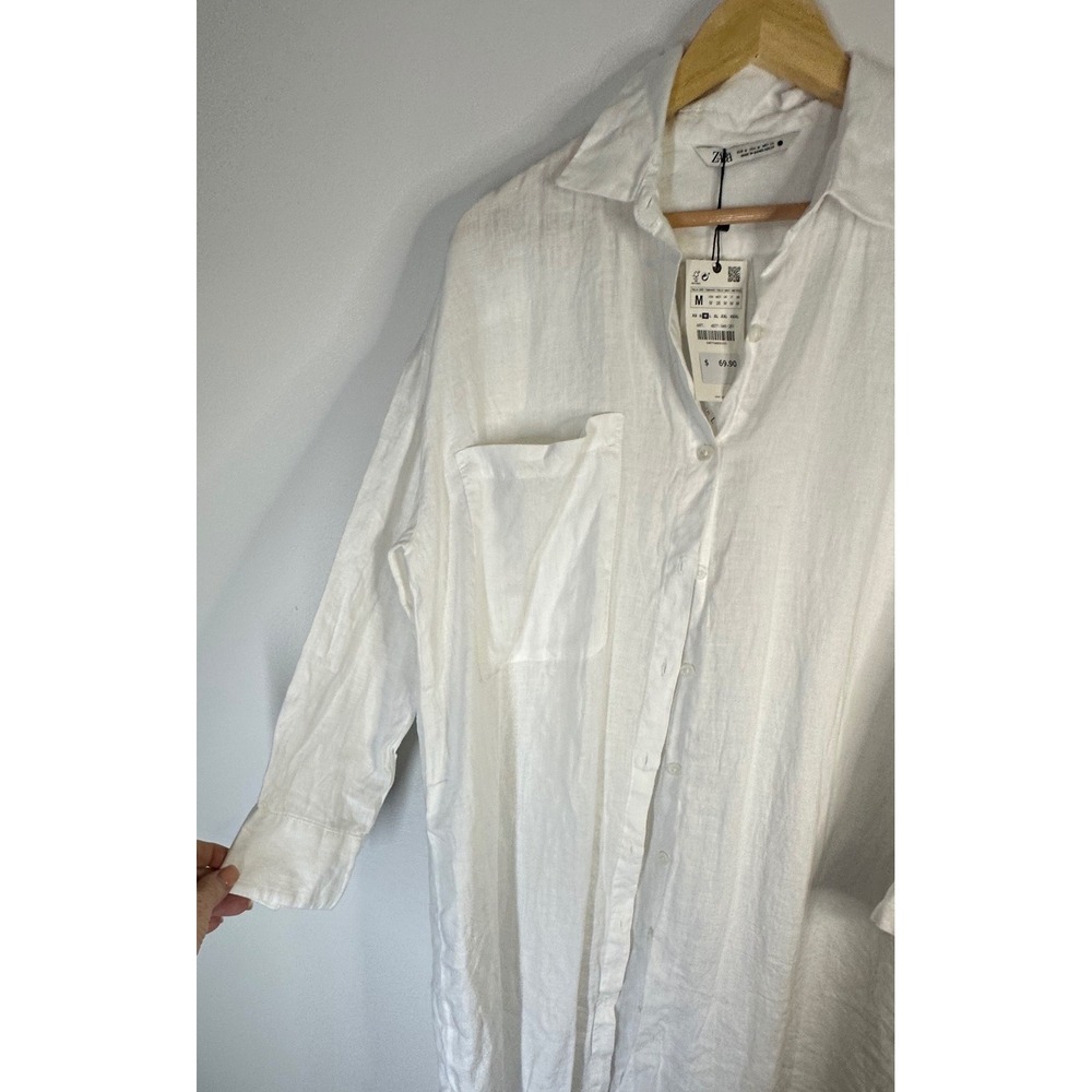 Zara White 100% Linen Shirt Dress Womens M Oversized Lagenlook Coastal Beachy - Picture 8 of 8